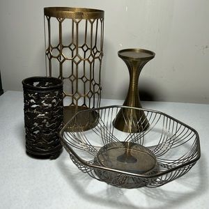 Metal Assortment 4 Items Bread Basket 2Candleholders Upright Basket